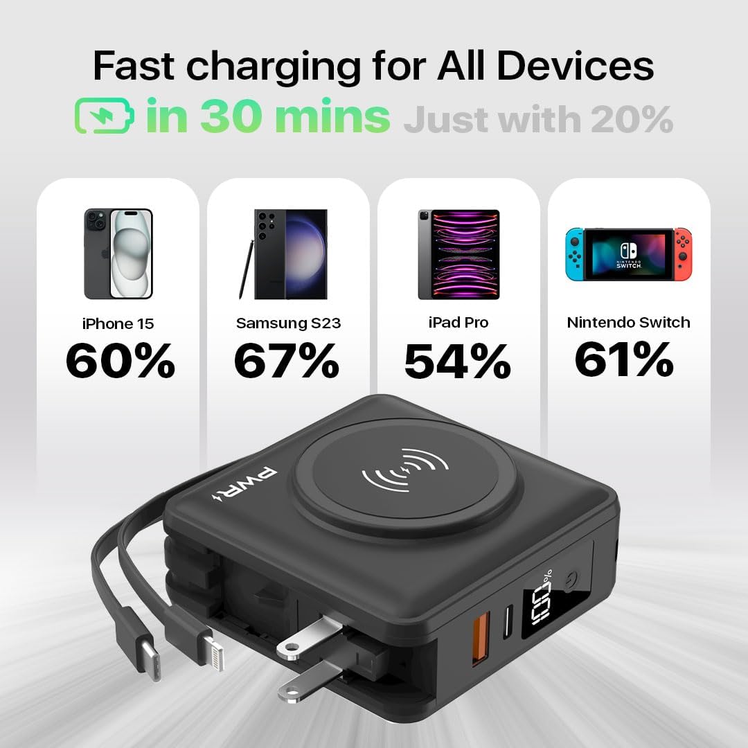PWR Travel PRO 5-in-1 Power Bank with Case Included– 10,000mAh with Built-in Cables – 20W USB-C + 15W Wireless Charging – Compact Portable Charger for iPhone & Android- Black