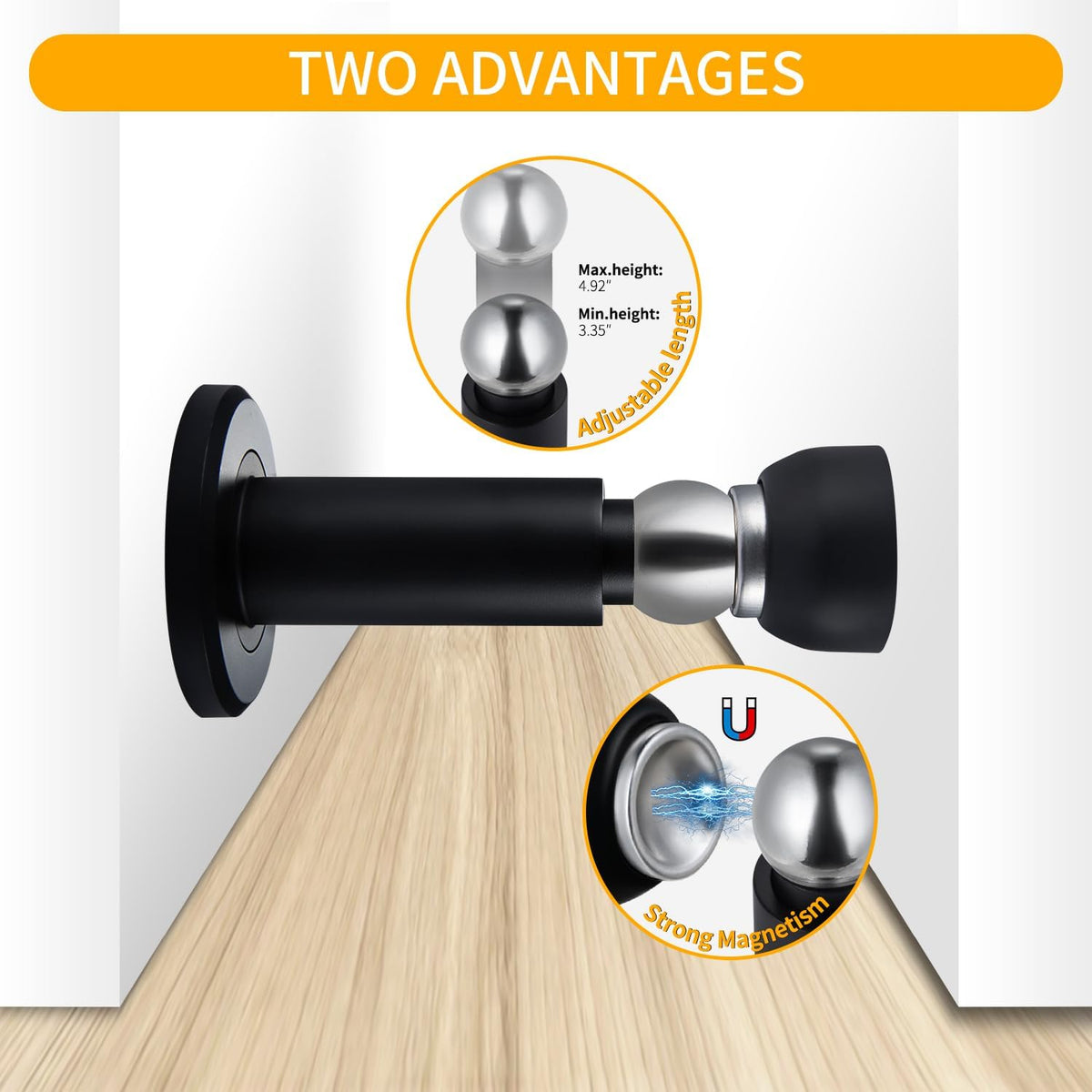 Door Stoppers – Heavy Duty Magnetic Door Stopper for Wall & Bottom of Door – Premium Adjustable Door Stop with Heavy-Duty Windproof Design, Constructed with SUS304 Stainless Steel (Black)