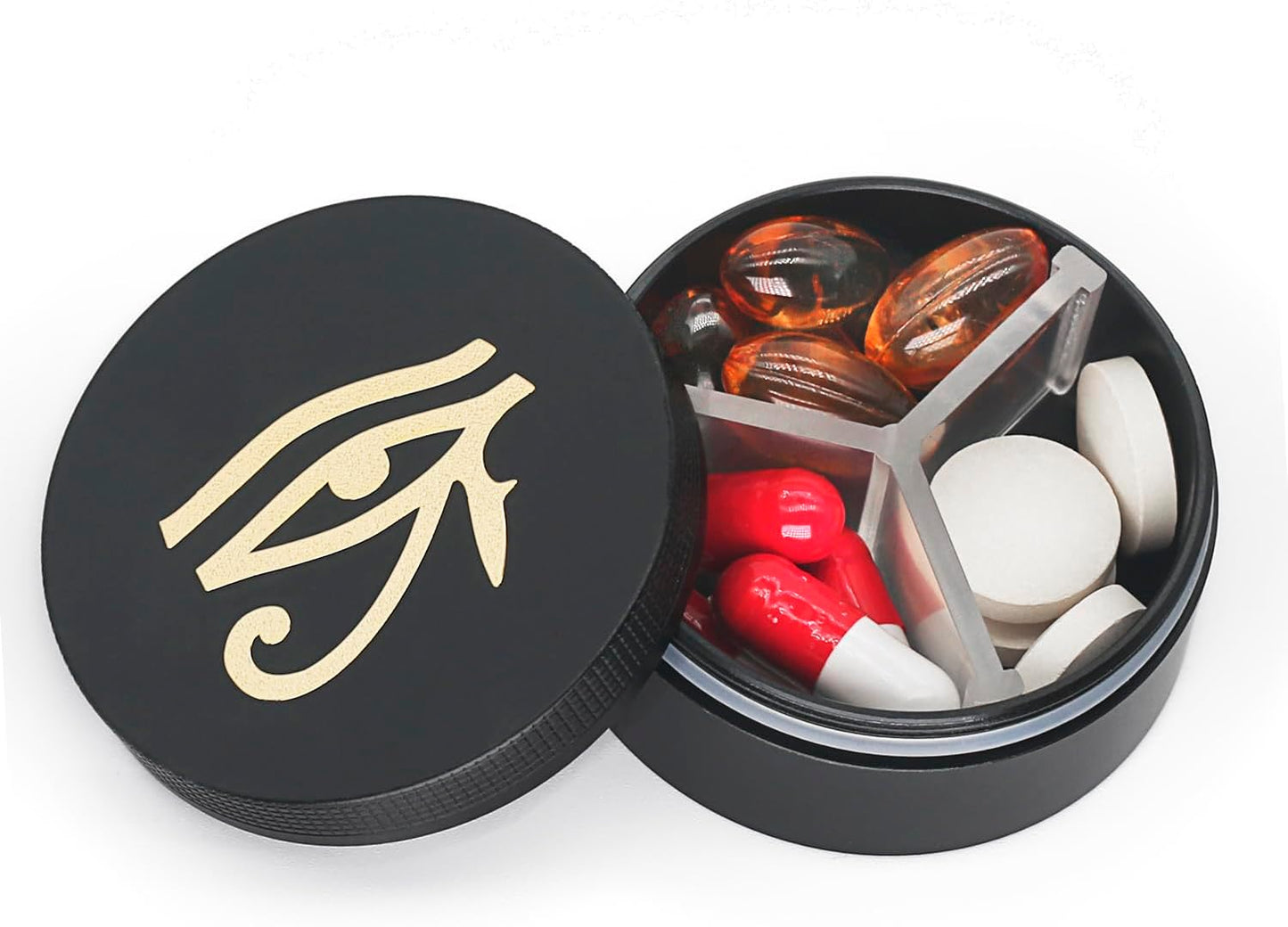 Small Pill Case 3 Compartments, Metal Round Portable Pill Box, Waterproof Travel Pill Organizer, Pocket Purse Medicine Vitamin Holder EDC Container (Black with Eye)