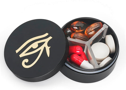 Small Pill Case 3 Compartments, Metal Round Portable Pill Box, Waterproof Travel Pill Organizer, Pocket Purse Medicine Vitamin Holder EDC Container (Black with Eye)
