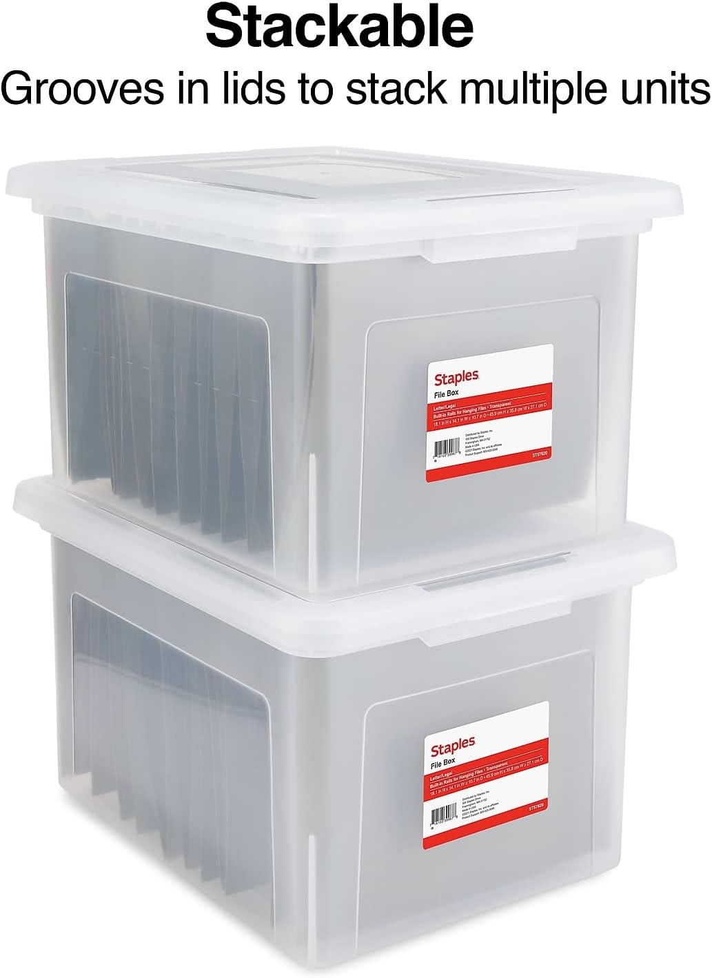 STAPLES Hanging File Folder Box, Storage Bin Organizer, Snap Lid, Letter & Legal Size Documents, Clear