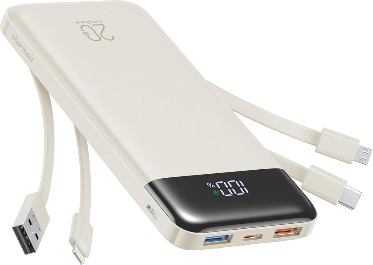charmast 20000mAh Portable Charger with Built in Cables, 22.5W Travel Power Bank Fast Charging, USB C Cell Phone Battery Pack for iPhone 16/15/14/13/12/11 Series, iPad, Samsung, Android, Tablet