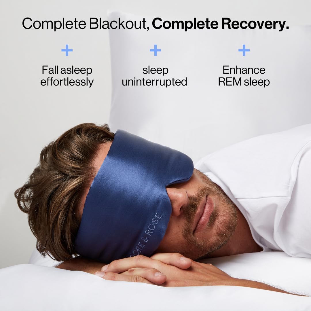 Dore & Rose Deep Sleep Mask Light Blocking, 23 Momme Mulberry Silk Eye Mask, Ultra Soft, Adjustable - Travel Sleeping Mask for Men & Women - Dark Blue