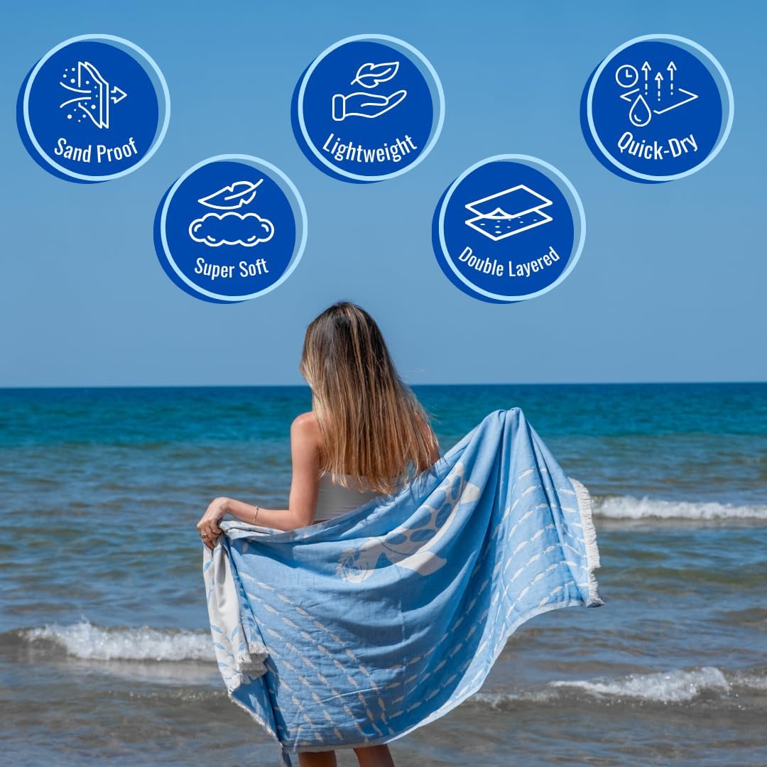Turkish Beach Towel - 100% Organic Cotton - Soft, Quick-Dry, Sand Proof, Prewashed - Lightweight & Oversized for Beach, Pool, Yoga, Bath, Travel, Gym, Throw - Aegean (Turquoise)