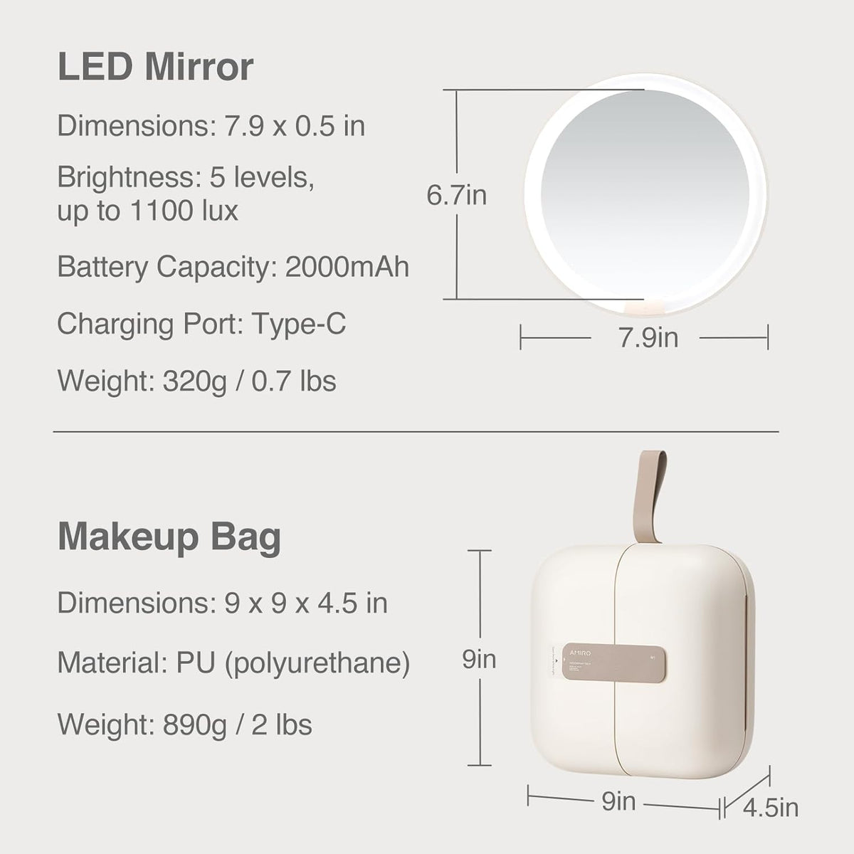 AMIRO M2 Travel Makeup Bag with 5 Level Brightness & 3 Color LED Mirror, Portable Makeup Artist Organizer, White