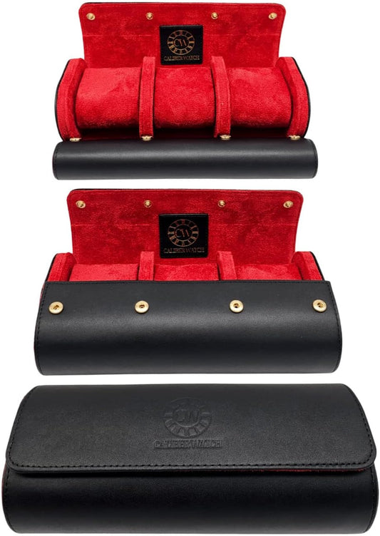 Genuine Napa Leather Watch Roll Travel Case for 3 Watches - Travel Watch Rolls and Leather Watch Display Cases with Velvet Interior - Watch Storage Organizer Men's