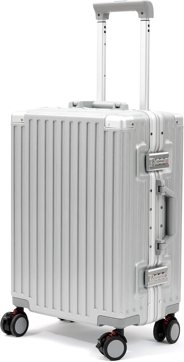 UrbanExplorer 20 Inch Carry On Luggage Aluminum Frame Airline Approved, Zipperless Luggage Carry On TSA Approved ABS+PC Hard Shell Suitcases, Lightweight Carry-On Suitcase with Cup Holder, Sliver
