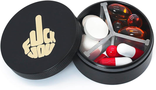 Small Pill Case 3 Compartments, Metal Round Portable Pill Box, Waterproof Travel Pill Organizer, Pocket Purse Medicine Vitamin Holder EDC Container (Black with Finger)