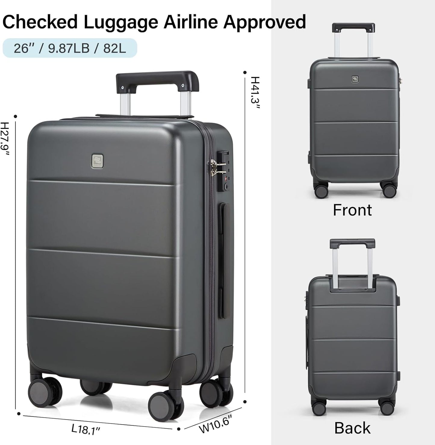 Hanke 26 Inch Luggage Large Suitcase With Spinner Wheels Tsa Luggage Suitcases Hard Case Luggage For Women & Men Rolling Checked Luggage(Graphite Grey)