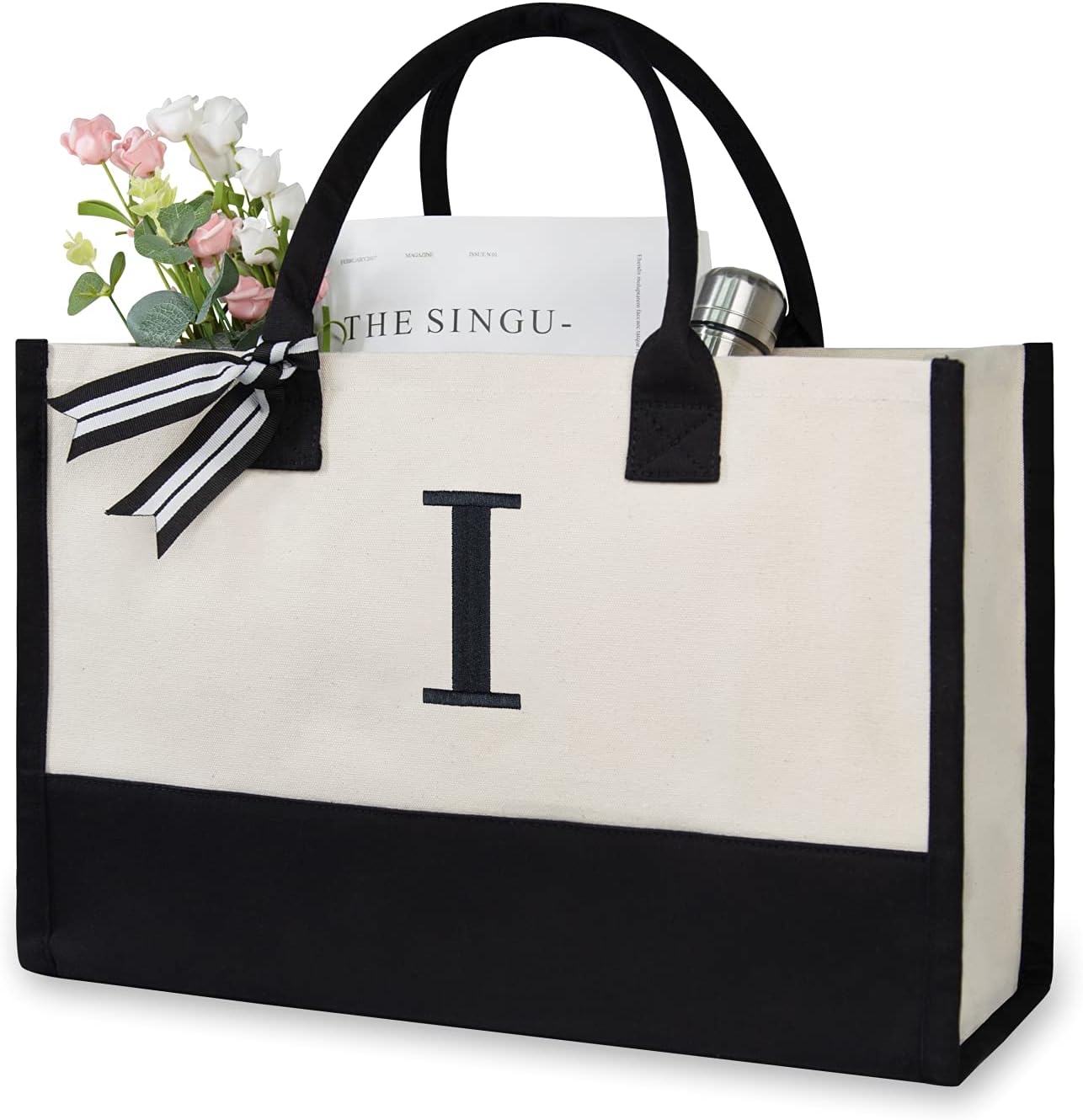 TOPDesign Embroidery Initial Canvas Tote Bag, Personalized Present Bag, Suitable for Wedding, Birthday, Beach, Holiday, is a Great Gift for Women, Mom, Teachers, Friends, Bridesmaids (Letter I)