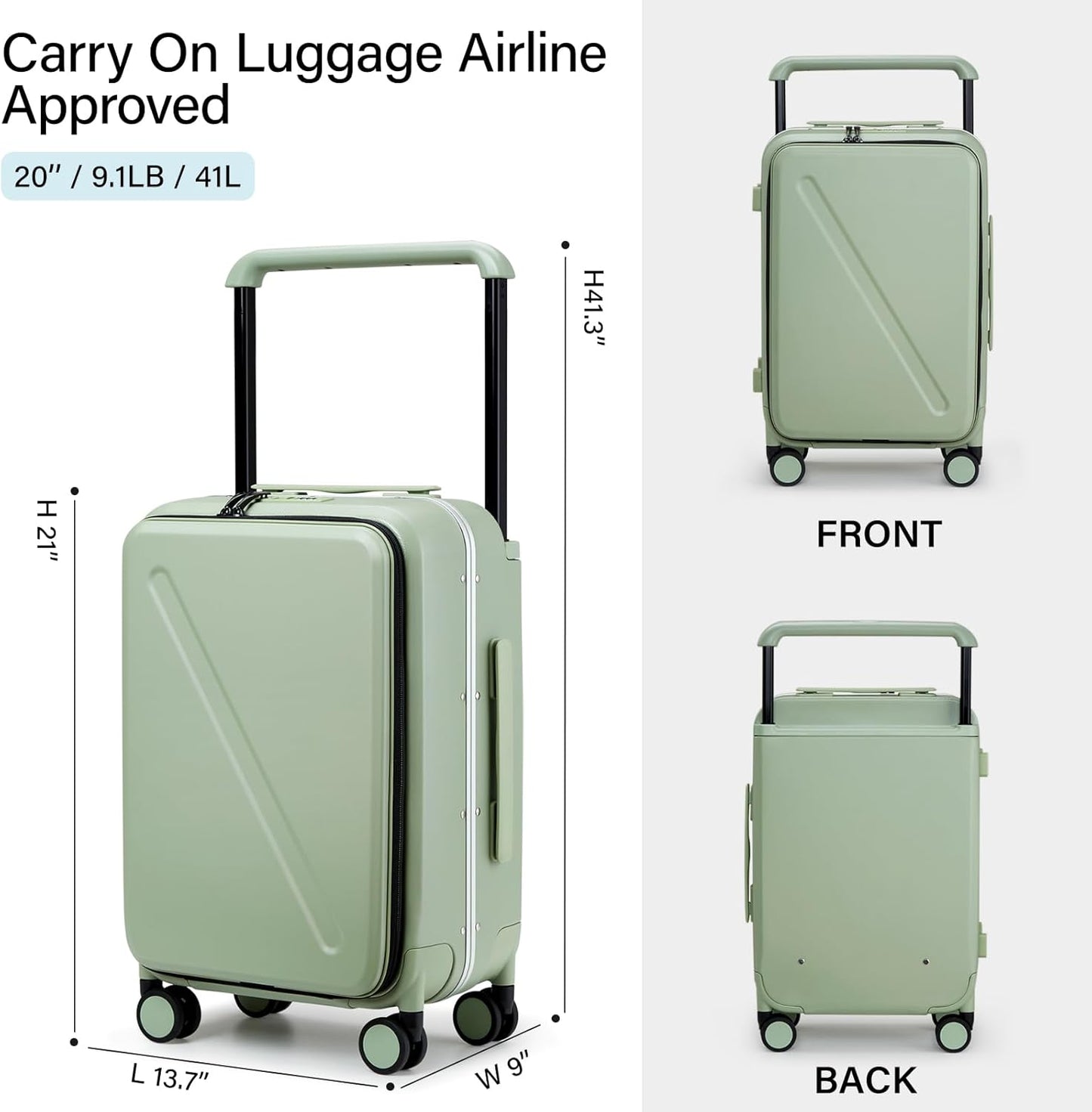MILADA Wide Handle Carry On Luggage with Front Pocket Hardshell 20 Inch Front Opening Luggage with Spinner Wheels TSA Lock Aluminium Suitcase Airline Approved Carry-On Travel Luggage, Bamboo Green