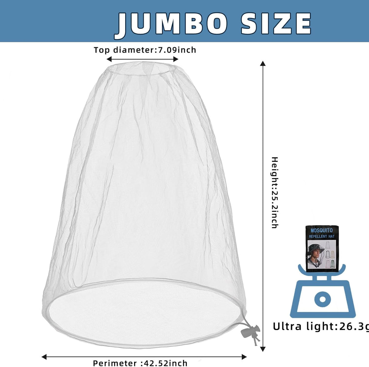 Oversized Mosquito Net 42 x 25 Inches Ultra Large Mosquito Head Net Face Neck Fly Mesh Netting Fits All Hats for Outdoor Camping Hiking Fishing Gardening Safari (White)