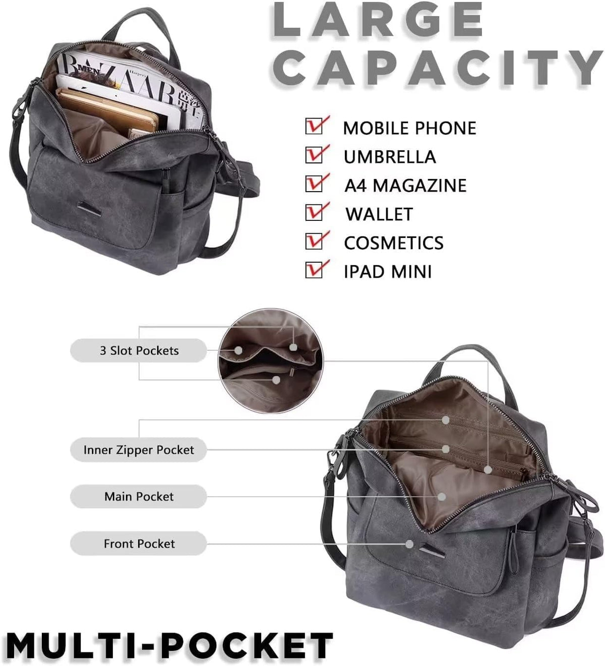 PU Leather Backpack Purse for Women Fashion Multipurpose Design Handbag Ladies Shoulder Bags Travel Backpack Khaki