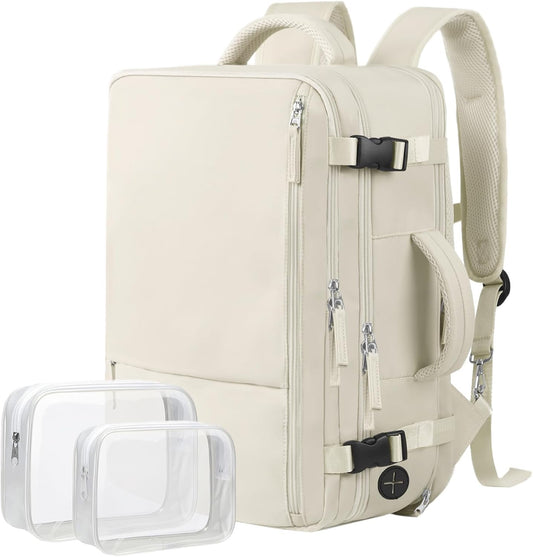 Hanples Large Travel Backpack for Women, 40L Carry on Luggage Backpack, College Laptop Backpack Airline Approved Business Work Bag Fits 17 Inch Computer for Men with 2 Toiletry Bags (Beige)