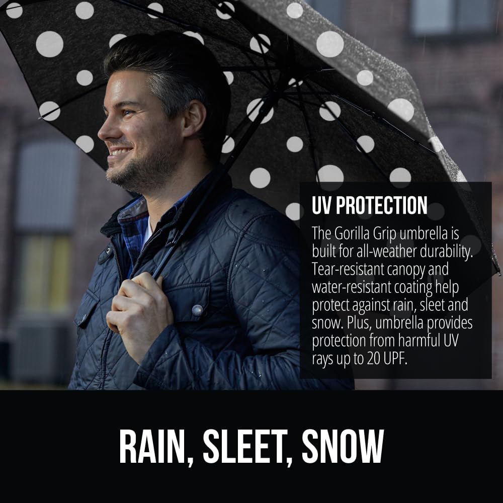 GORILLA GRIP Strong Stick Umbrella for Rain, Compact Travel One-Click Automatic Open Close, Lightweight, Portable, US Designed Reinforced Fiberglass Ribs, Wind Resistant, Easy Collapse, Polka Dots