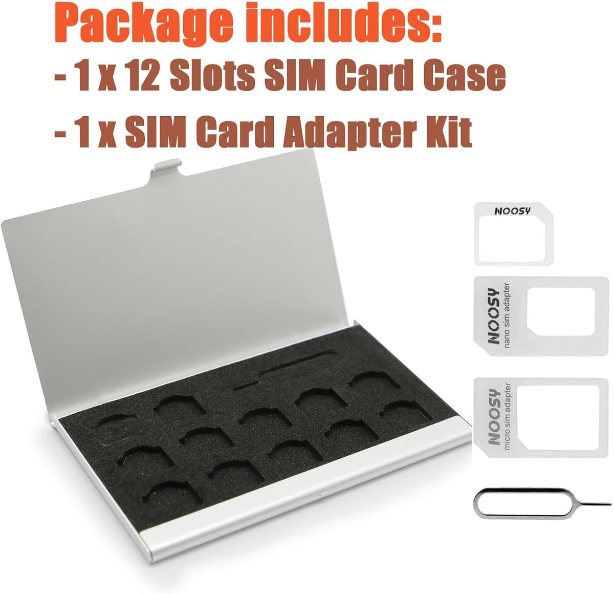 Aluminum SIM Card Case, 12 Slots Ultrathin Nano SIM Card Holder with SIM Card Adapter Kit for Travelers or Holiday Trip (Silver)