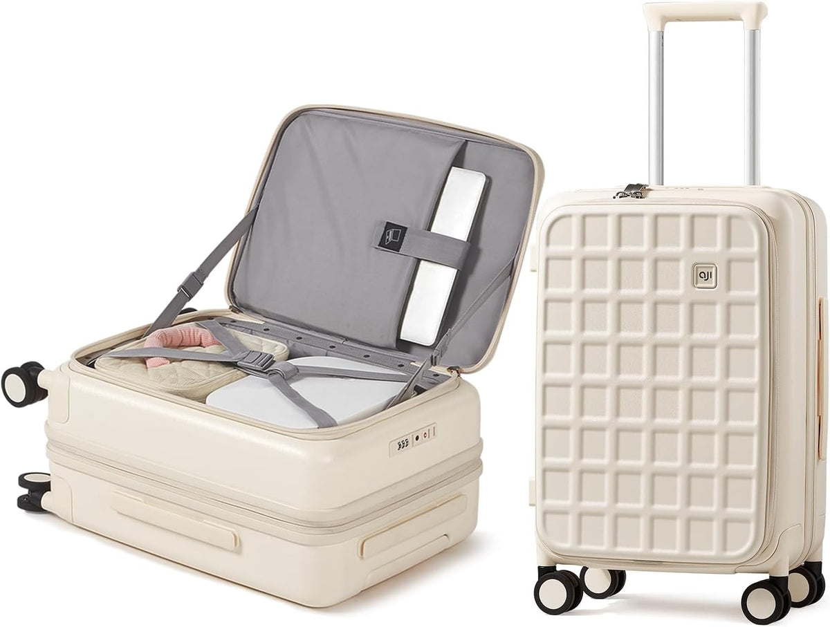 aji Expandable Top Opening Carry On Luggage Airline Approved, 20 Inch Lightweight Hardside Carry On Suitcase with Spinner Wheels, Travel Luggage with Laptop Compartment for Women Men, Coconut White
