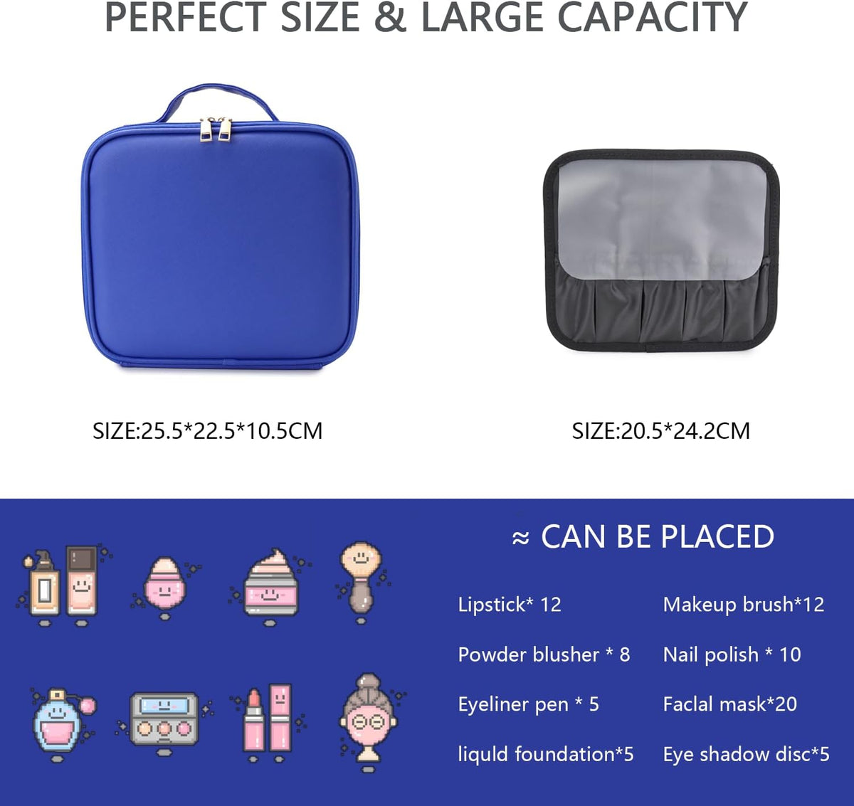 Makeup Bag with Led Mirror,Travel Makeup Organizer with 3 Color Setting, Portable Storage and Adjustable Dividers Travel Makeup Bag(dark blue)