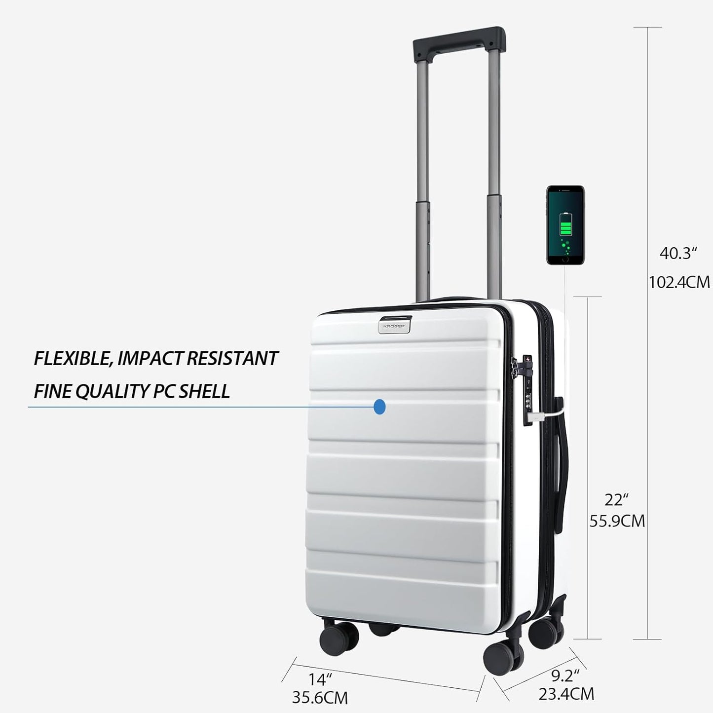 KROSER Carry On Luggage with Spinner Wheels & Built-in TSA Lock, Expandable Top Loading Hard Shell Suitcase Large Capacity Durable Rolling Luggage with USB Port, Carry-On 20-Inch, White