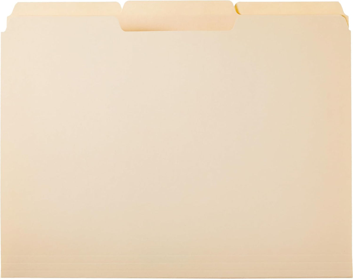 Amazon Basics File Folders with Tabs for Filing, 1/3-Cut Tab, Assorted Positions, 8.5x11 inches, Letter Size, Manila, Pack of 100