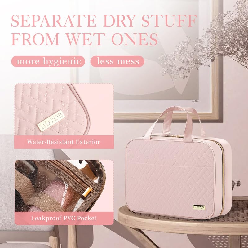 HOTOR Travel Toiletry Bag w/Hanging Hook - Spacious Toiletry Bag Essentials for Women & Men, Makeup Bag/Big Comparment, Waterproof for Travel Accessories, Large, Pink