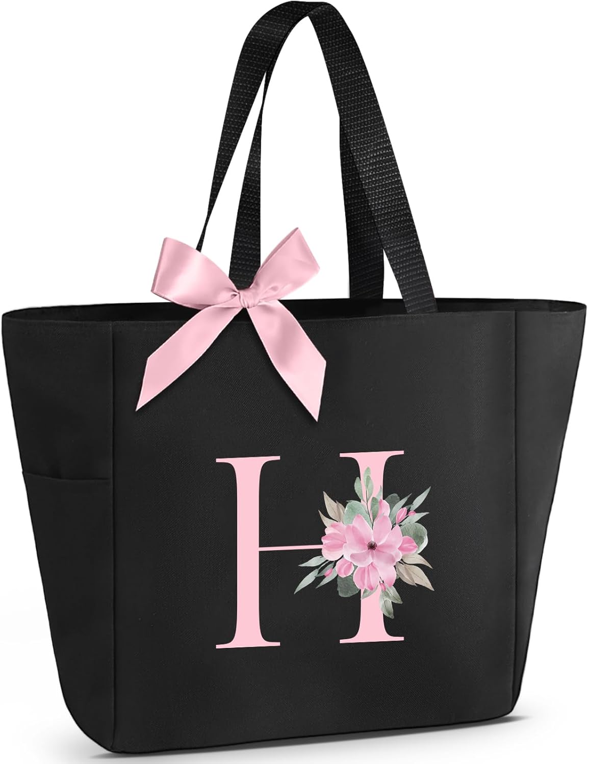 Vavabox Tote Bag, A-Z Initial Monogrammed Waterproof Tote Bag, Bridesmaid Gifts for Women, Black and Pink