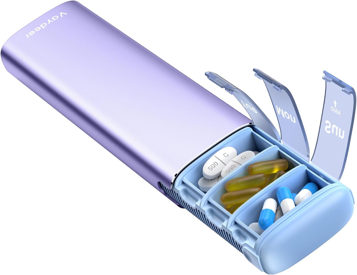 Vaydeer Metal Travel Pill Organizer, 7 Day Weekly Pill Box, Large Capacity Daily Cute Pill Case for Supplements, Pills, Vitamins and Medication (Small,Purple)