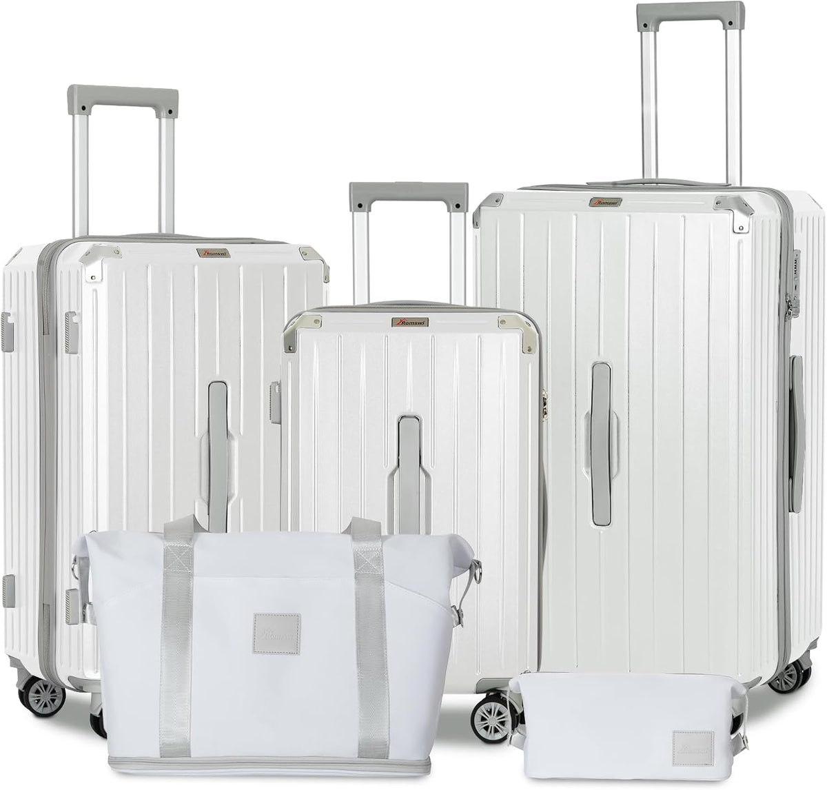 Romswi Suitcase Set with TSA Lock Cup Holder, Hardside Spinner Suitcase with Duffel Bag, Lightweight Durable PC+ABS White 5 PCS(20/24/28inch)