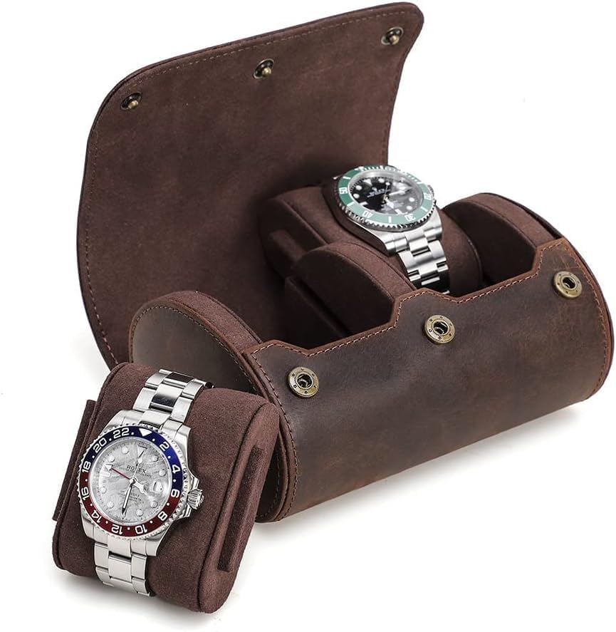 Genuine Leather Watch Roll Travel Case,2 Slots Vintage Full Grain Leather Watch Box with Pillow for Men,Watch Storage Organizer for Home Storage,Anniversary Birthday Christmas Gift