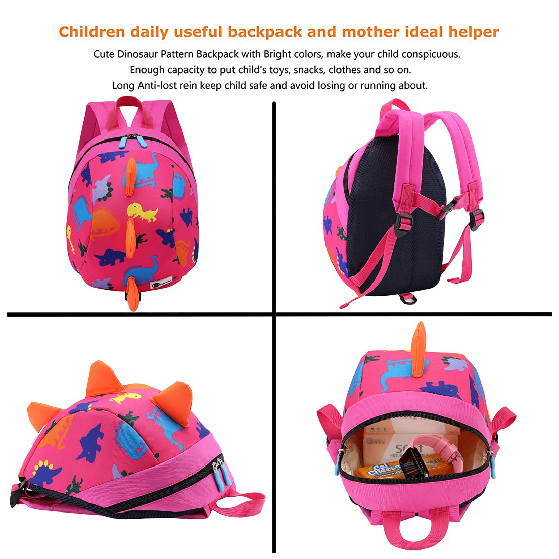 DB Dinosaur Toddler Mini Backpack with Leash, Children Kids Baby Harness Bookbag (Rose Pink)