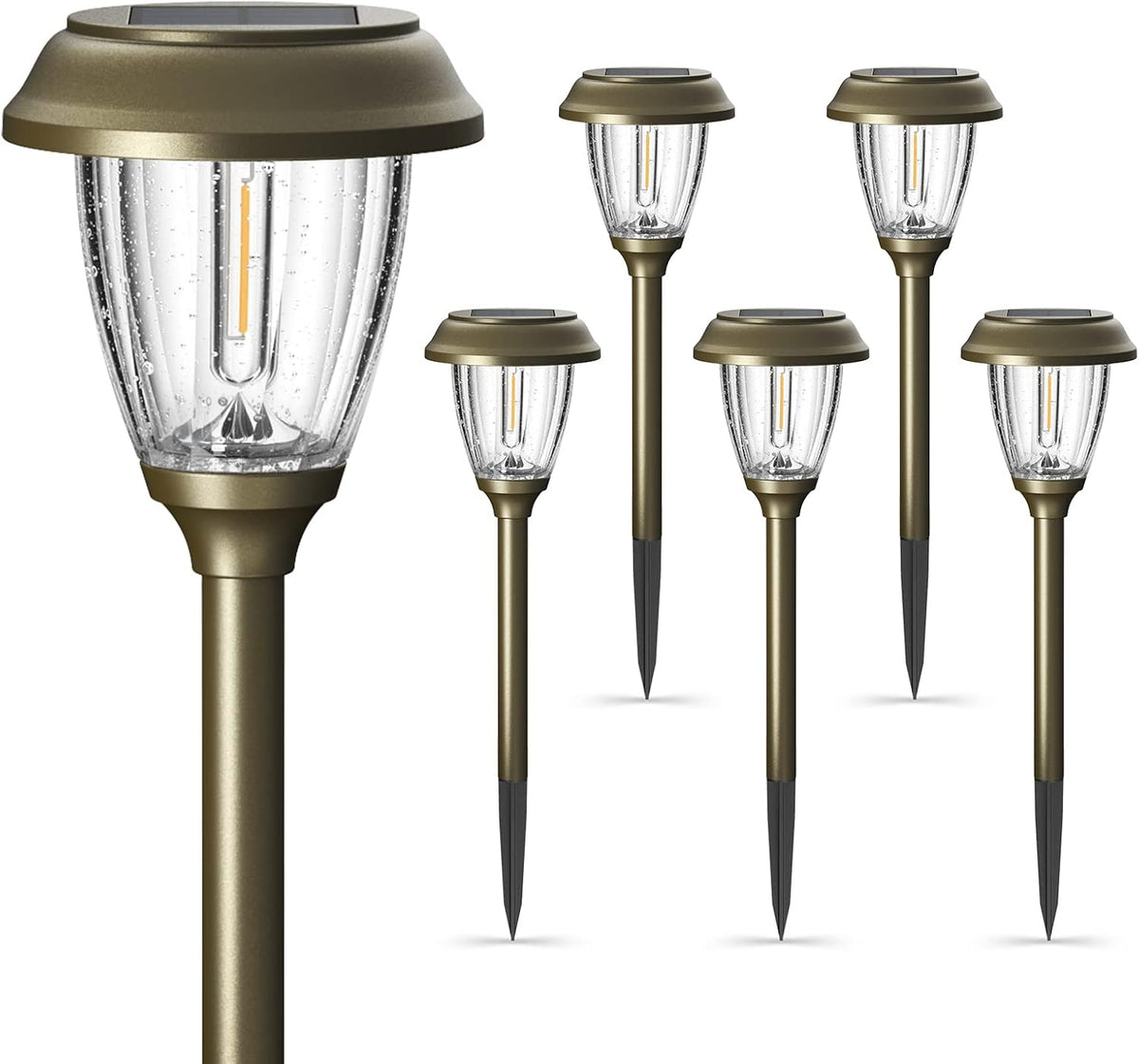 XMCOSY+ Solar Lights Outdoor 10/25 LM LED with 2 Lighting Modes, Solar Garden Lights Glass and Metal, IP65 Waterproof Solar Powered for Yard Pathway Walkway Driveway Patio (6 Pack, Warm White)