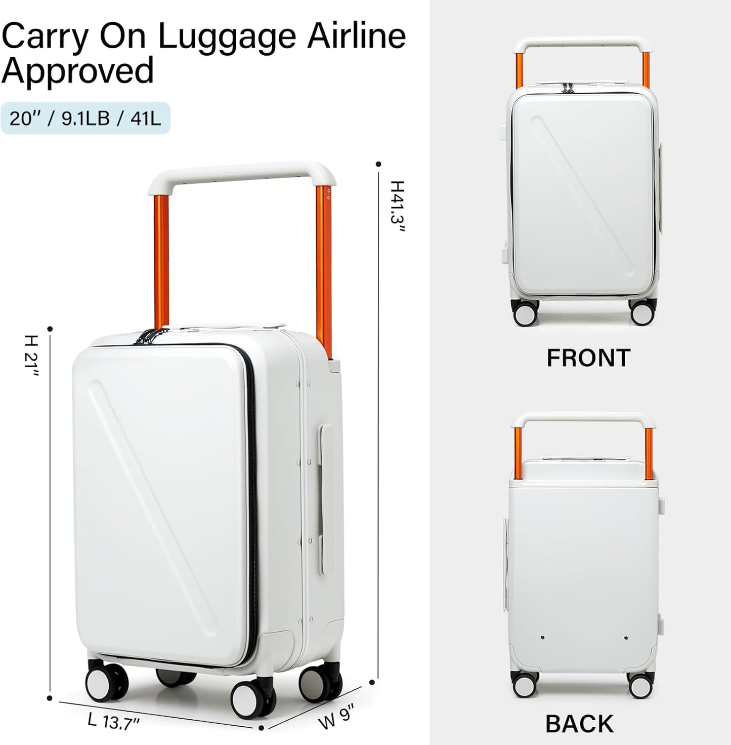 MILADA Wide Handle Carry On Luggage with Front Pocket Hardshell 20 Inch Front Opening Luggage with Spinner Wheels TSA Lock Aluminium Suitcase Airline Approved Carry-On Travel Luggage, White