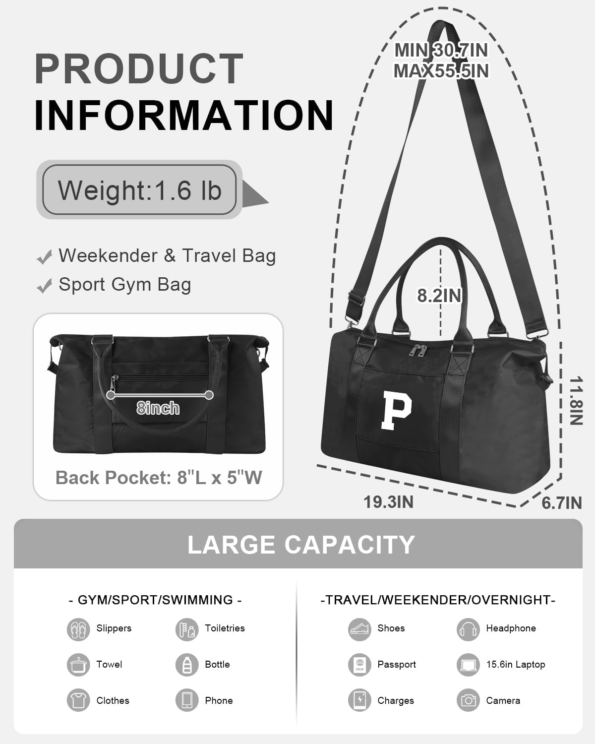 Initial Travel Duffel Bag Sports Gym Bag for Boys Teen Birthday Gifts,Black Personalized Weekender Bag Carry On Tote Bags for Men,Waterproof Overnight Luggage Bag Airplane Travel Essentials(Letter P)