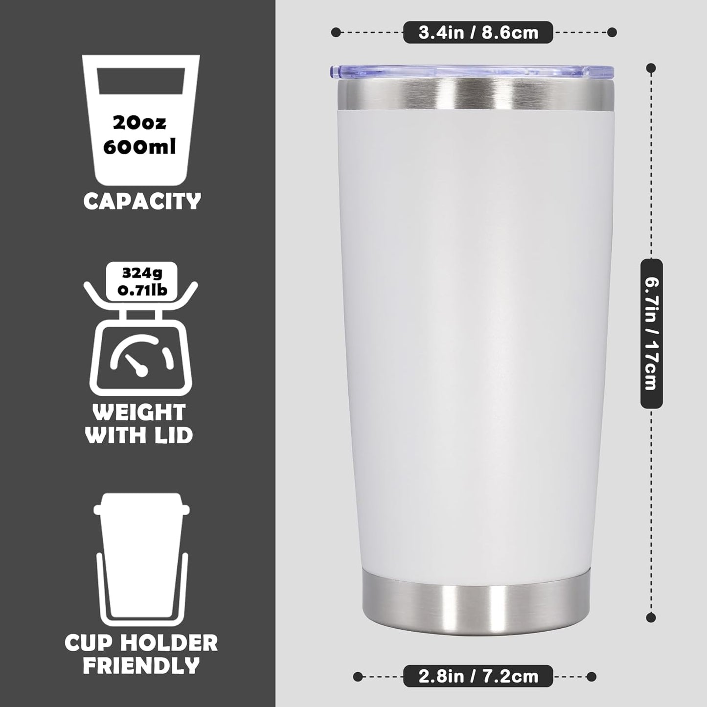 20oz Tumbler Bulk Stainless Steel Tumbler Cup with Lid Vacuum Insulated Double Wall Travel Mug, Durable Powder Coated Travel Coffee Tumbler Mug for Hot & Cold Drinks, White,12 Pack