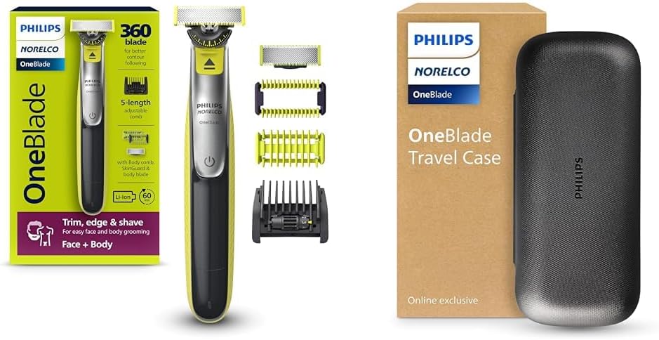 Philips Norelco OneBlade Face+Body Travel Kit Bundle - Philips Norelco OneBlade 360 Face+Body Hybrid Electric Trimmer and Shaver, QP2834/70 + Travel Case. QP401/90