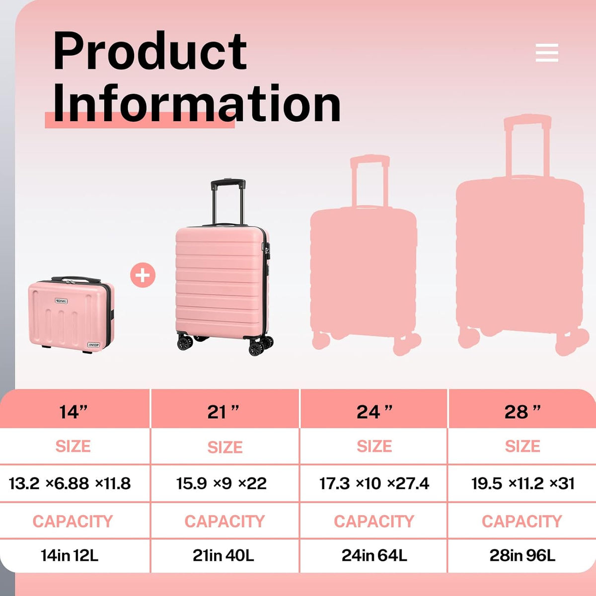 AnyZip 21" Carry On Luggage and 14" Mini Cosmetic Cases Luggage Set Hardside PC ABS Lightweight USB Suitcase with Wheels TSA for kids (2-Piece Set (14/21),Pink)