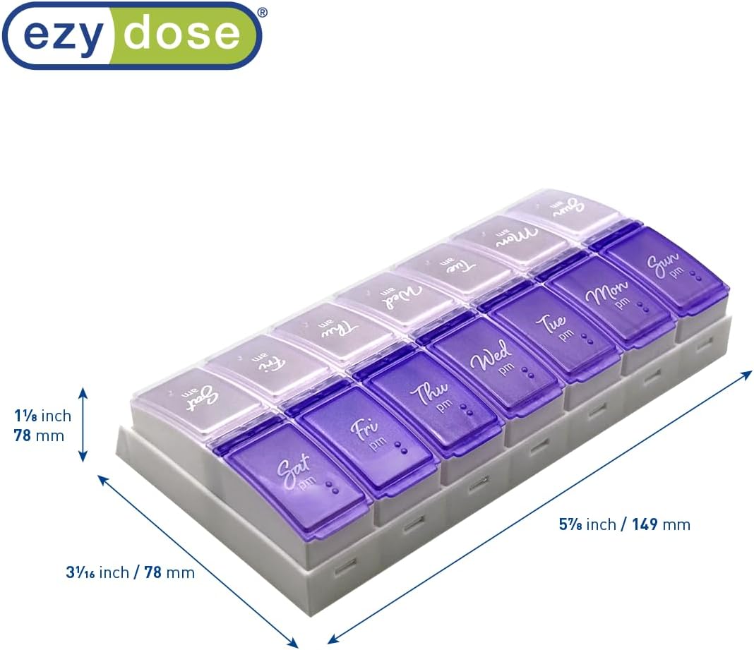 Ezy Dose Weekly (7-Day) Daily Pill Case, Medicine Planner, Vitamin Organizer, 2 Times a Day AM/PM, Small Pop-out Compartments, Arthritis Friendly, Easy to Use, Pearlescent and Lavender Lids, BPA Free