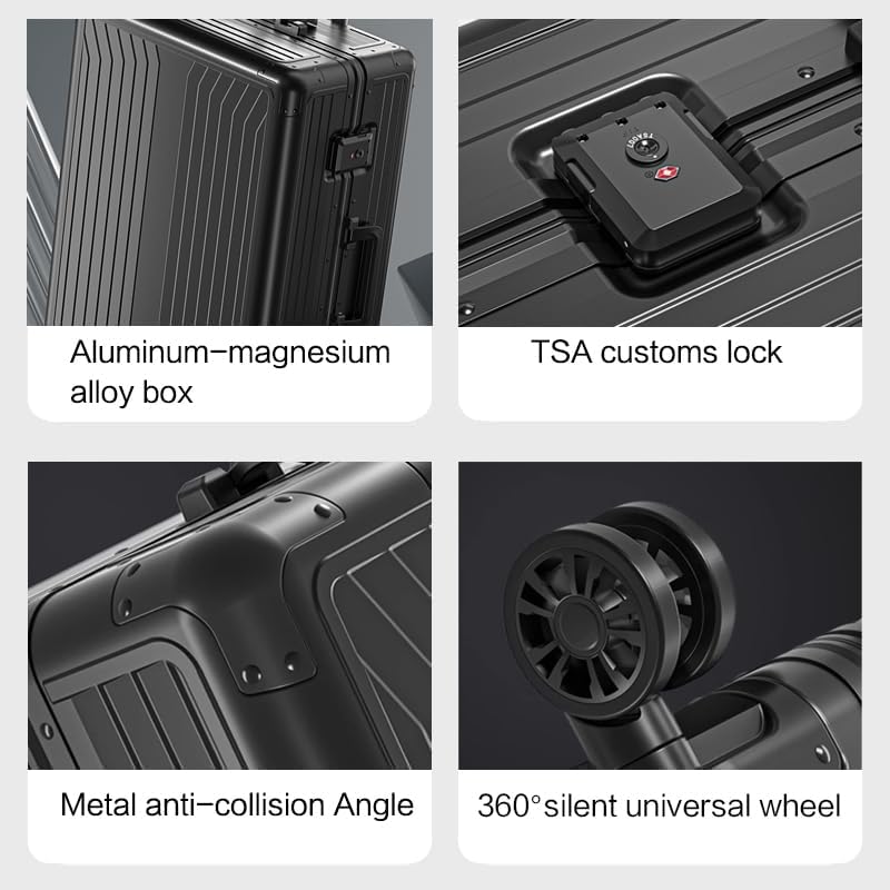 Metal all aluminum carry-on suitcase 20 "hard face, TSA lock and rotating wheel zippered luggage set (dark grey, 20 '')