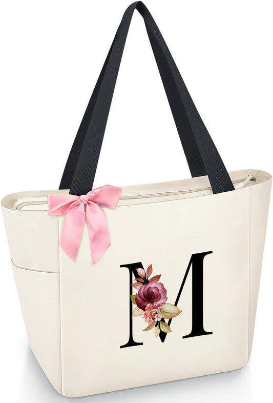 Vavabox Tote Bag, A-Z Initial Monogrammed Waterproof Tote Bag, Bridesmaid Gifts for Women, Black and Pink