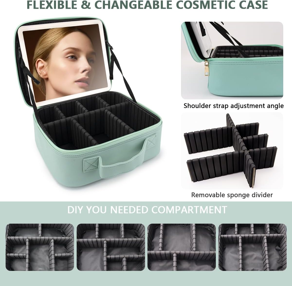 Travel Makeup Bag,with Mirror 3 Color Setting and Detachable 10x Magnifying Mirror Travel Makeup Bag,Portable Storage and Adjustable Dividers （light green）