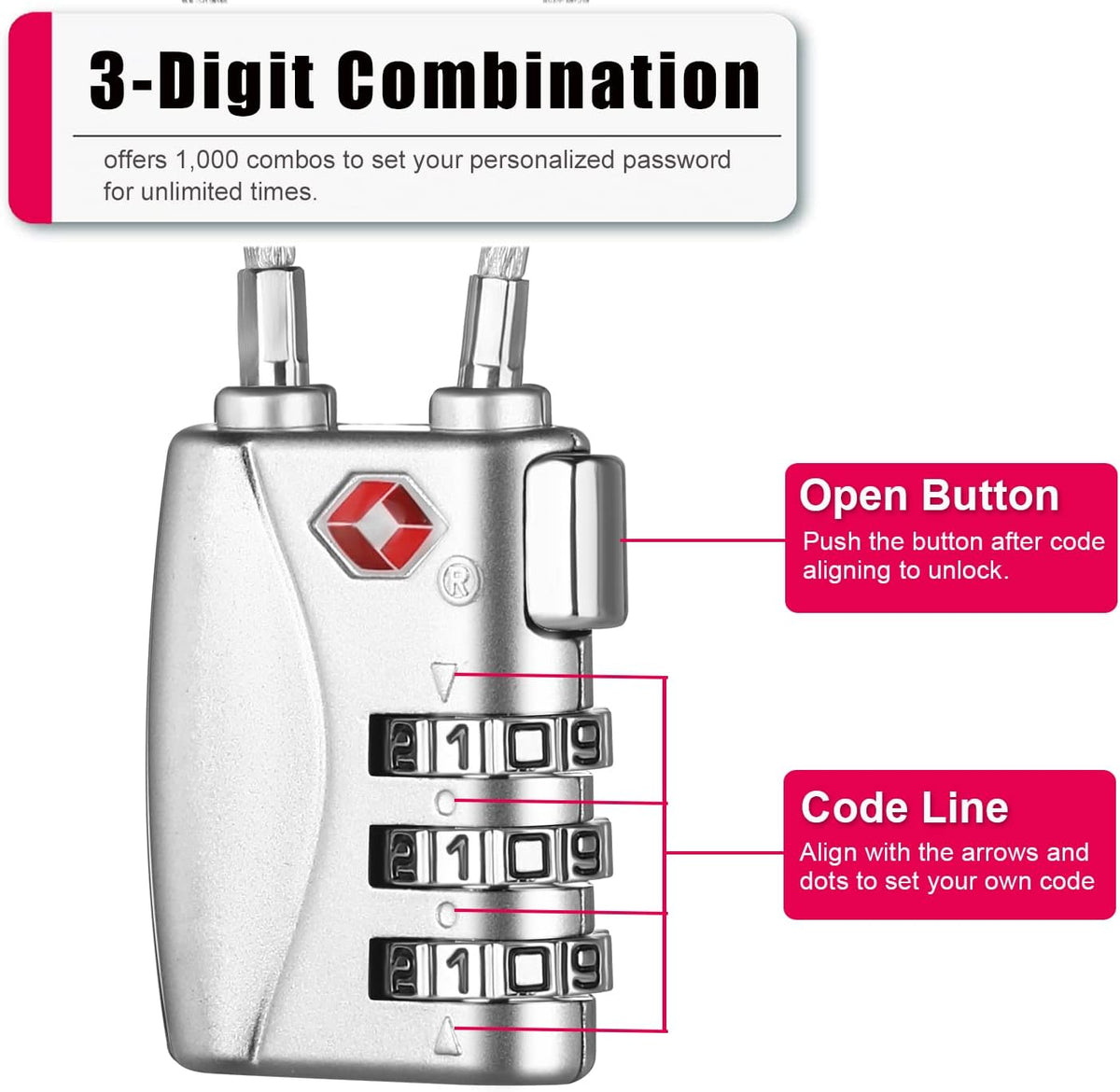 ZHEGE TSA Wire Lock 2 Pack Cable Luggage Lock with Alloy Body for Suitcase, Baggage, Backpack, Pistol Case (Silver)