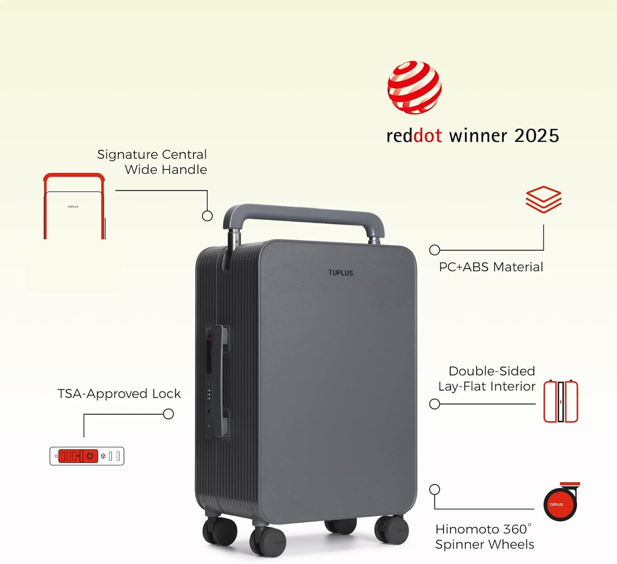 TUPLUS 20” Carry-On Hardside Luggage Lightweight ABS Travel Suitcase with Wide Handle Spinner Wheels TSA Combination Lock, Balance Series 2.0, Stone Grey