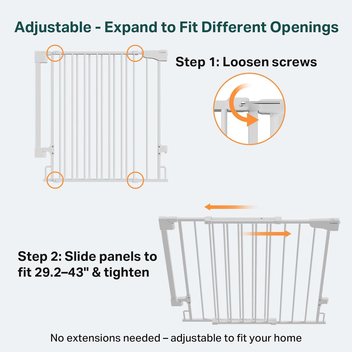 Cumbor 29.2–43" Baby Gate for Stairs, Wall-Mounted (Drill Required), Expandable No Bottom Bar Dog Gate, Auto Close Extra Wide Walk Thru, Pet & Toddler Proof Gate, Top & Bottom of Stairways (White)