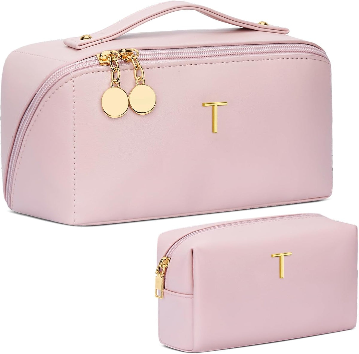 Birthday Gifts for Women Teen Girl, Personalized Initial Makeup Organizer Bag Set, Open Flat Travel Cosmetic Bag With Clear Divider and Handle(Pink,T)