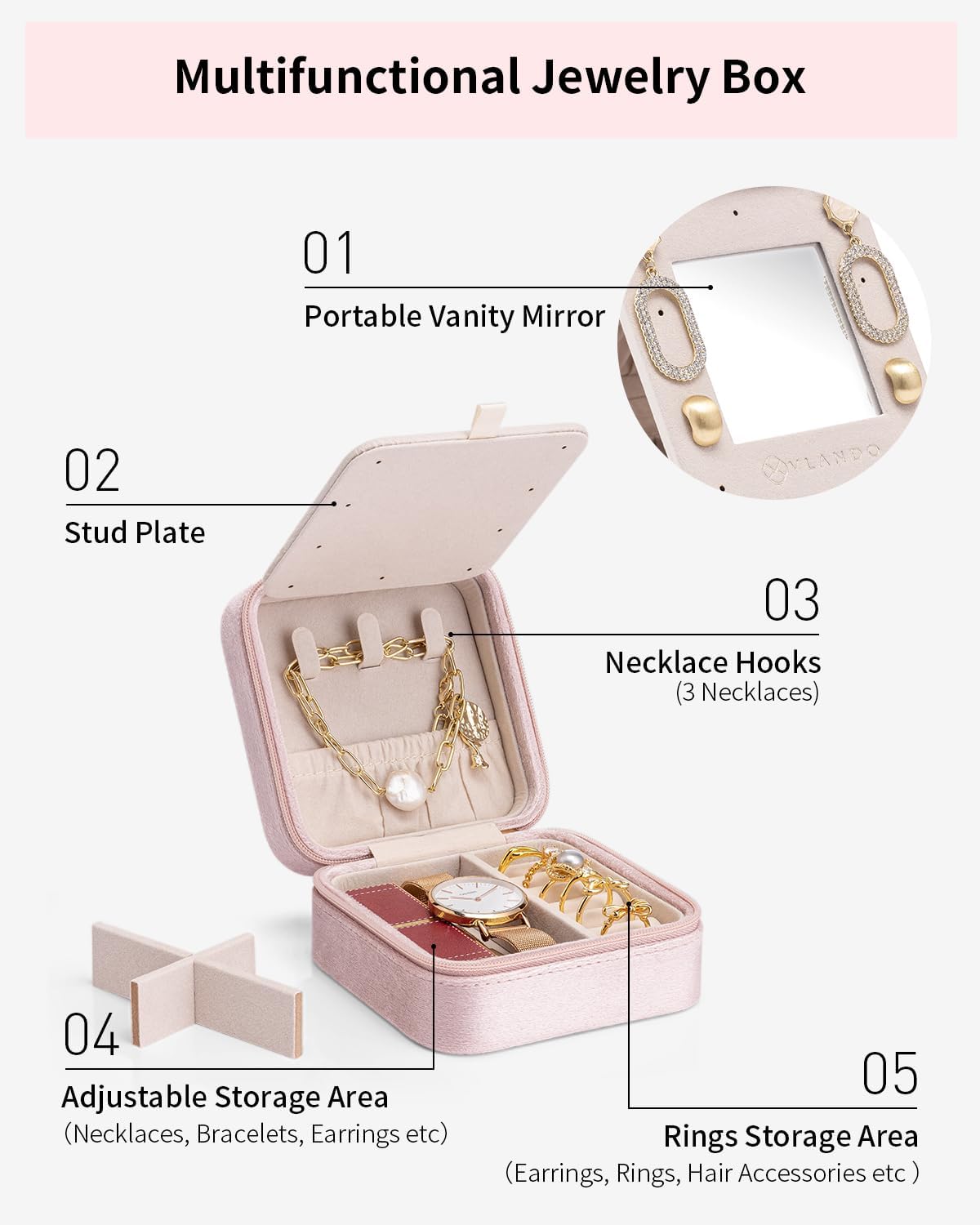 Vlando Jewelry Case for Girls & Women, Pink Travel Jewelry Box - Must Haves, Small Case for Travel & Gifts - Letter H