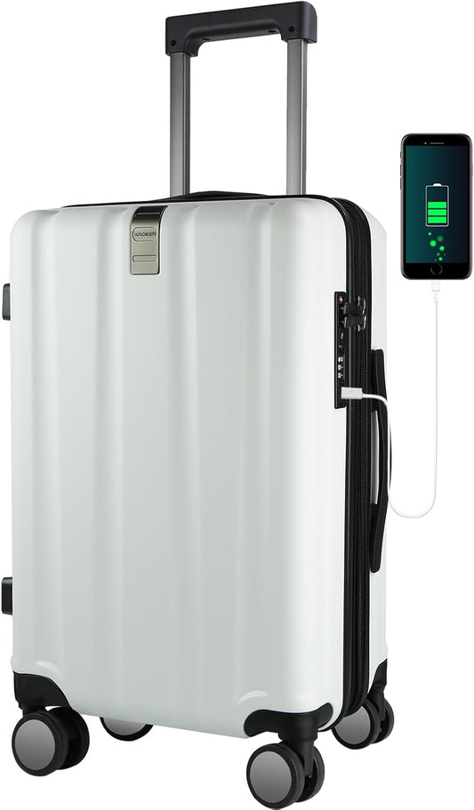 KROSER Hardside Expandable Carry On Luggage with Spinner Wheels & Built-in TSA Lock, Durable Suitcase Rolling Luggage with USB Port, Carry-On 20-Inch, White