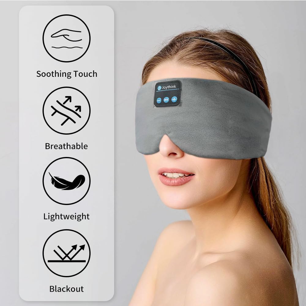 Joythink Sleep Headphones Wireless Eye Mask Kids Children Silk Wireless Headband Headphones for Sleeping with Adjustable Speaker Wireless Earbuds Side Sleeper Travel Meditation Music Mask Grey