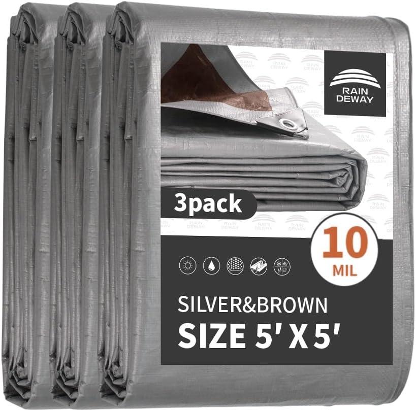 RAINDEWAY Small Tarps Heavy Duty Waterproof 5x5 Feet (3 Pack), 10Mil Multipurpose Poly Tarp Cover with Metal Grommets and Reinforced Edges, Silver/Brown Tarp