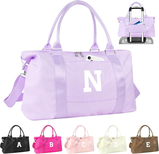 Daughter Niece Gifts for Teen Girl Kids, Initial Travel Duffel Bag Sports Gym Bag Personalized Gifts Weekender Bag，Monogram Overnight Bag Cute Dance Bag Birthday Bridesmaid Gifts for Women(Purple, N)
