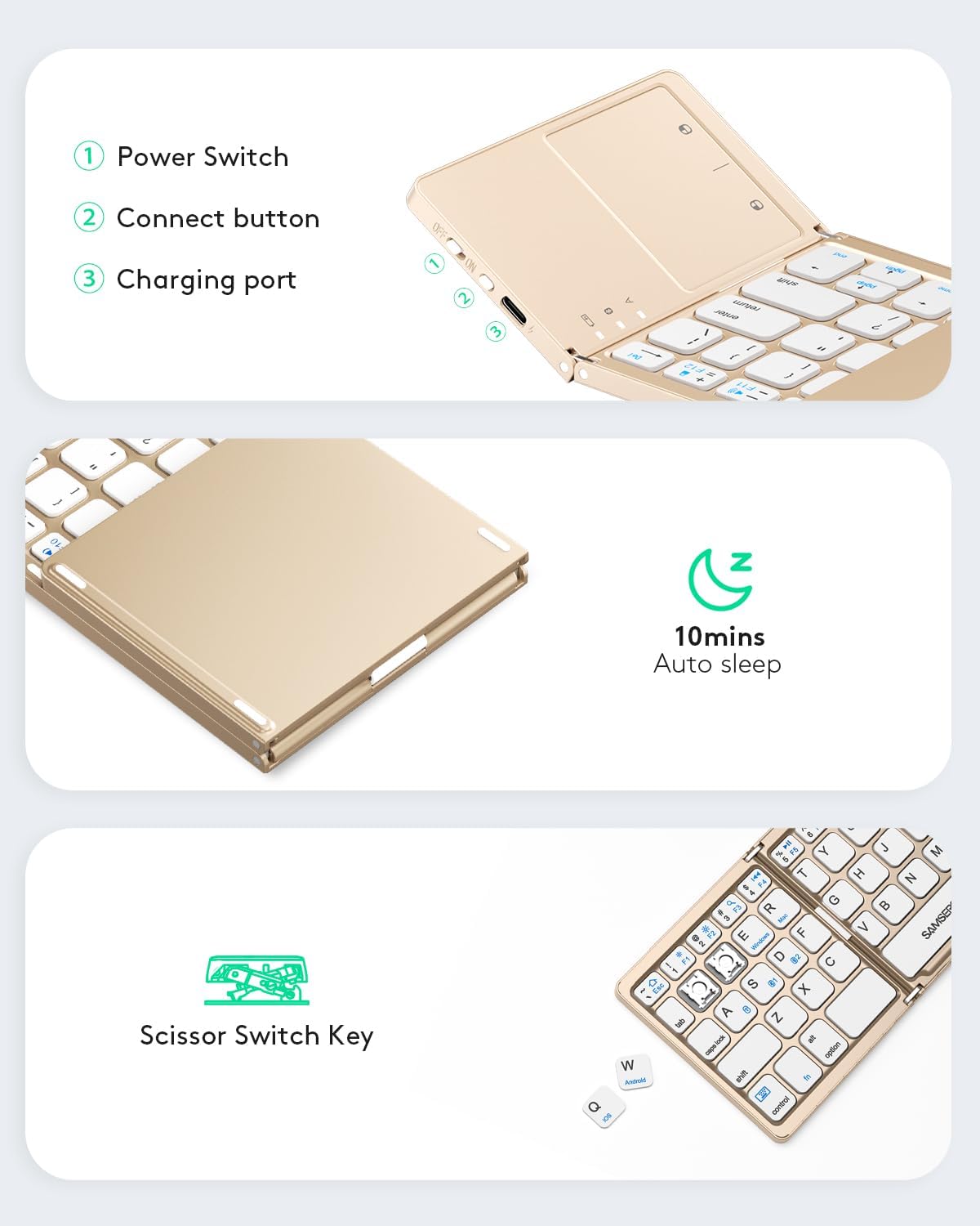 Samsers Multi-Device Foldable Bluetooth Keyboard with Touchpad, Rechargeable Dual-Mode(2.4G+BTx2) Wireless Keyboard with Holder, Portable Folding Keyboards for Android Windows iOS Mac OS - Gold